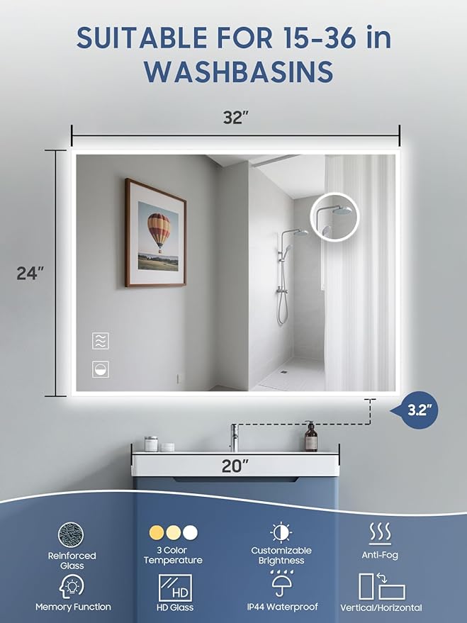 Led Mirror for Bathroom, 24x32 Inch Backlit Mirror with 10X Magnification and Shaver Charging Port, Anti-Fog, Memory Function, 3 Color Temperature, Dimmable Led Bathroom Mirror, Horizontal/Vertical