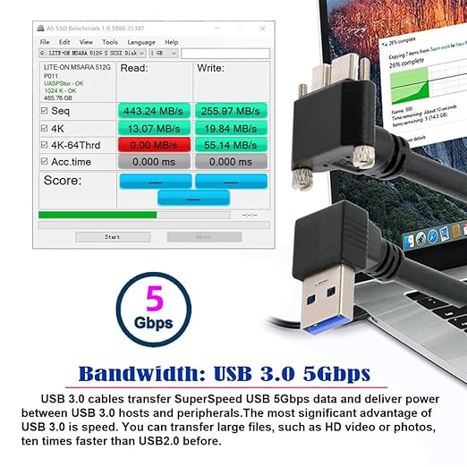 NFHK Down Angled 90 Degree USB 3.0 A Male to Micro-B 3.0 Plug Up Angled Locking Screw Panel Cable 25cm
