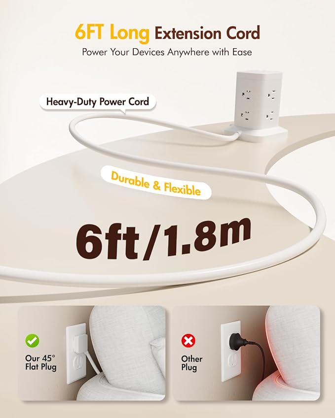 2Pack Power Strip Tower with Surge Protector 1800J, Fast Charging Tower PD20W USB-C Ports with 8 AC Outlets, 10ft Extension Cord for Home Office Dorm Room, White