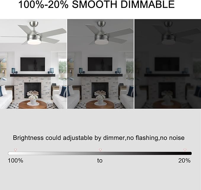 YUHAO 44 Inch Brushed Nickel Ceiling Fan with Light and Remote Control.Noiseless,Dimmable,3CCT,6 Speeds Reversible, DC Ceiling Fans for Indoor or Covered Outdoor
