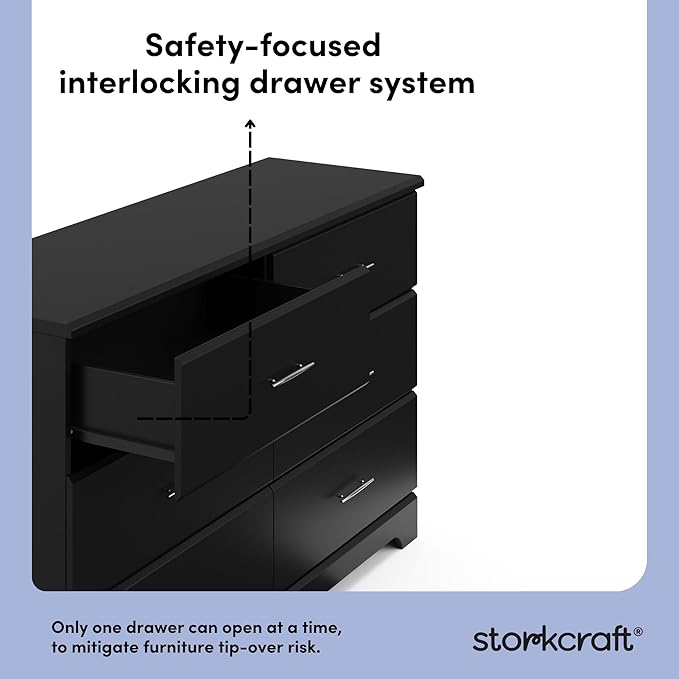 Storkcraft Brookside 6-Drawer Dresser (Black) – GREENGUARD Gold Certified, Black Dresser for Bedroom, Kids & Nursery Storage Chest, Safety Interlocking Drawers, Pre-Installed Tracks, Kids Chest