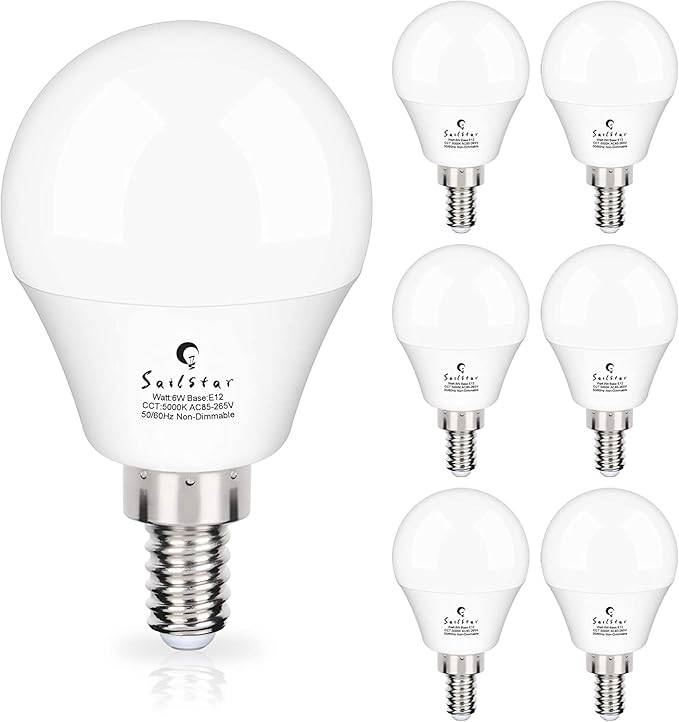 Sailstar Candelabra LED Light Bulbs 60-Watt Equivalent, Daylight White 5000K, E12 Candelabra Base, 6 Watt A15 LED Bulbs for Ceiling Fan, Vanity Mirror Light | 6-Pack