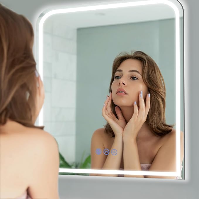 LED Bathroom Mirror, 36"x 36" LED Mirror with Lights for Bathroom, Lighted Vanity Mirrors for Wall, Anti-Fog, Dimmable, Tempered Glass, Memory Function, 3 Colors, Safe Use (White)