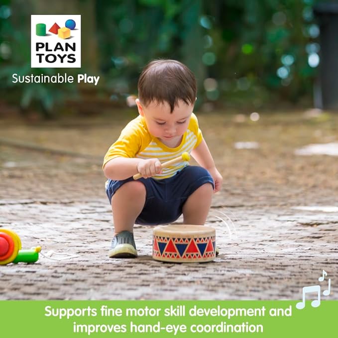 PlanToys® Solid Drum Wooden Musical Toy for Toddlers | Pretend Play Instrument for Kids | Eco-Friendly Percussion Toy for Coordination, Creativity & Early Learning Development