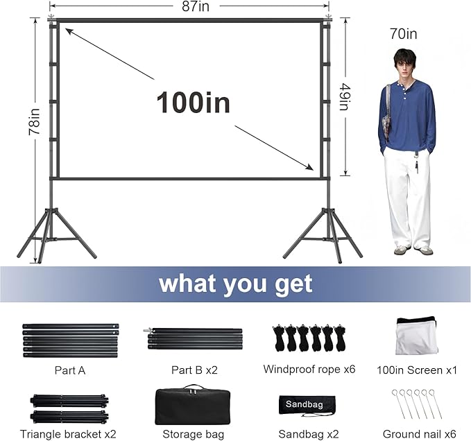 100inch Projector Screen and Stand,Outdoor and Indoor Projection Screen,16:9 4K HD Rear Front Movie Screen Portable with Carry Bag Wrinkle-Free Design for Home Theater 100inch