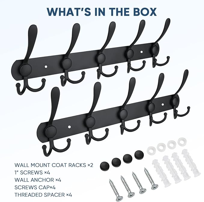 TICONN Wall Mounted Coat Rack, Five Heavy Duty Tri Hooks All Metal Construction for Jacket Coat Hat in Mudroom Entryway (Matte Black, 2-Pack)