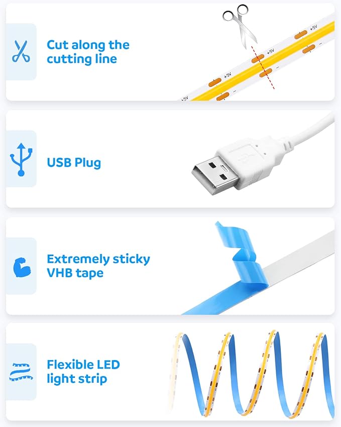 Aclorol USB COB LED Strip Lights Warm White Led TV Backlight 5V 1M 3.28FT 320Leds 3000K CRI85+ COB Flexible Lights with 1M USB Powered for Bedroom Under Cabinet Kitchen DIY Lighting Project