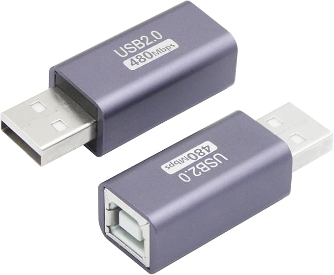 USB 2.0 B Type Connector Adapter, USB A Male to USB B (MIDI) Female Power and Data Extension Adapter, Aluminum Alloy Housing, for Electronic Piano, Printer, Scanner etc, 2Pcs