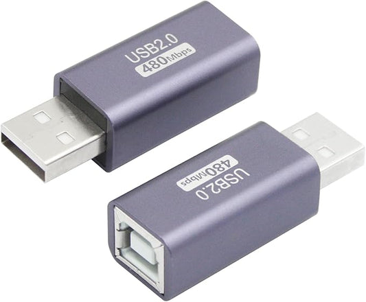 USB 2.0 B Type Connector Adapter, USB A Male to USB B (MIDI) Female Power and Data Extension Adapter, Aluminum Alloy Housing, for Electronic Piano, Printer, Scanner etc, 2Pcs