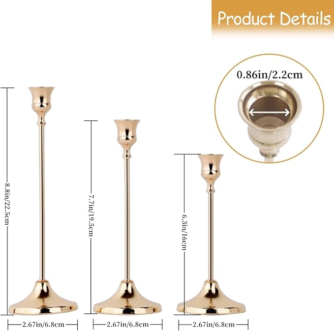 French Gold Candlestick Holders Set of 3, Metal Taper Candle Holders, Classic Decorative Candle Stick for Christmas, Wedding, Party, Dinner Tables,Home Décor