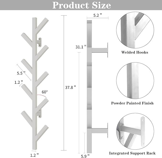 Vlush Wall Mounted Metal Coat Rack with 9 Hooks Modern Minimalist Coat Racks, Upright hat rack for wall for Hanging Clothes, Hats, Hanging Bags and Scarves Entrance Wall Iron Coat Rack (White)