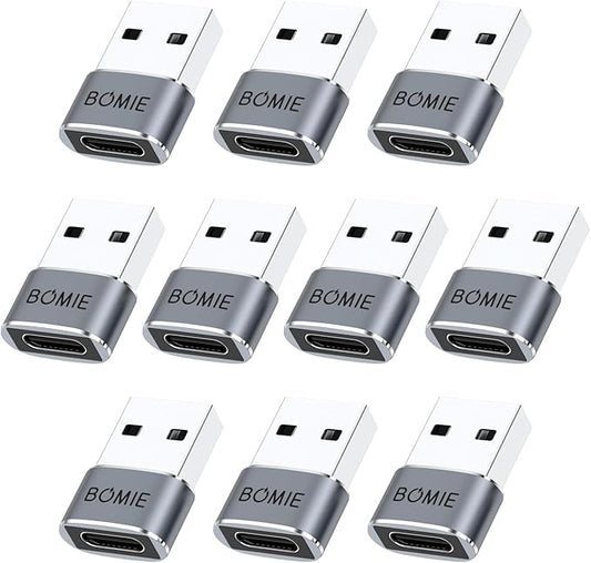 BOMIE 10 Pack USB to USB C Adapter,3A Fast Charging(PD27W/66W QC100W) 480Mbps Data Transfer,USB C Female to USB A Male OTG Adapter for M-acBook,Phone15/16/17,Pad,A-irpods,G-alaxy,X-Peria Gray