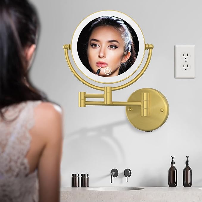 Rechargeable Wall Mounted Lighted Makeup Mirror with Magnification Gold, 8 Inch 1X/10X Magnifying Two Sided Led with Lights, 360 Swivel Extendable Shaving Mirror for Bathroom, Brushed Gold
