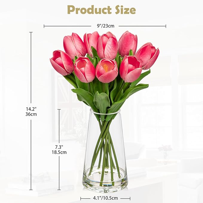 Fake Tulips Artificial Tulip Flowers in Glass Vase with Faux Water, 14.2" Real Touch Pink Tulip Flowers Spring Décor for Table Centerpiece Home Farmhouse Resto Wedding Decoration