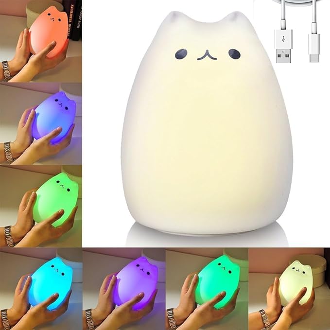 Litake Kitty Night Light, USB Rechargeable Silicone Cute Cat Night Light for Kids Baby Children, 7-Color Changing LED Cat Lamp Nursery Nightlights for Kids Bedroom (Celebrity)