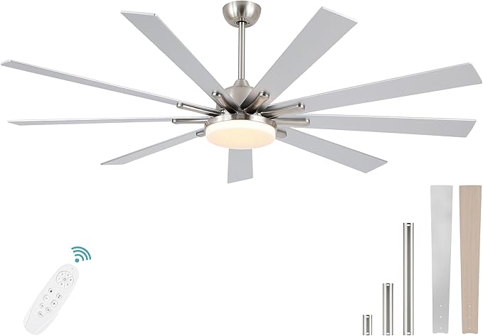 72 Inch Ceiling Fans with Lights,Large Modern Ceiling fan with Remote and 9 Wooden Blades,Dimmable,6 Speeds,Noiseless Reversible Indoor&Outdoor Fan for Bedroom,Patio,Living Room