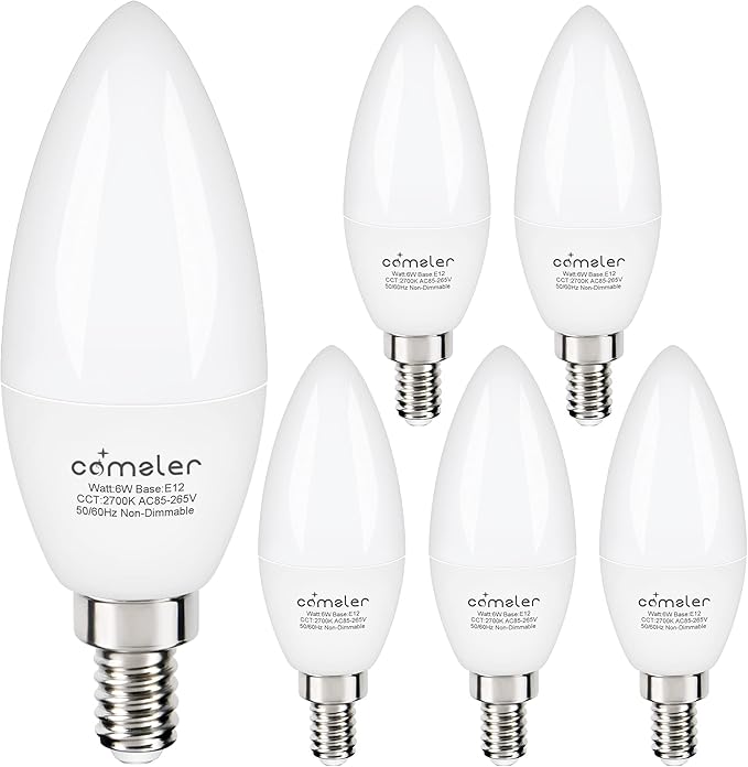 comzler E12 Led Bulb, Small LED Candelabra Bulbs 60W Equivalent, Warm White 2700K Ceiling Fan Light Bulbs, Type B Shape Chandelier , Pack of 6, Non-Dimmable