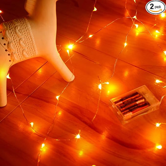 Mikasol Fairy Lights Battery Operated, 2 Pack Mini 3*AAA Battery Powered Copper Wire Led Starry String Lights Firefly Lights for Bedroom, Christmas, Parties, Decoration (5m/16ft Orange)