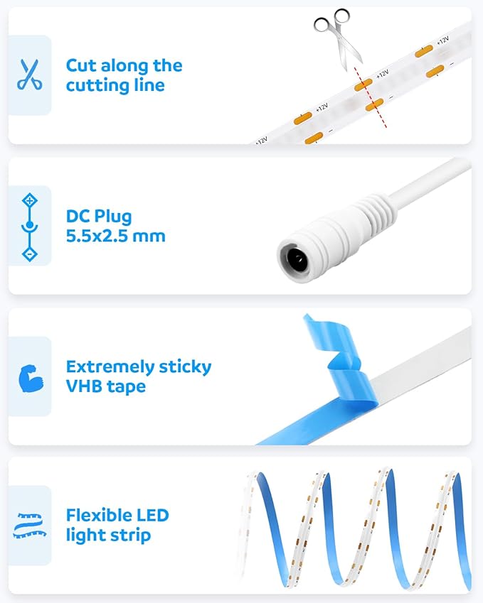 Aclorol Blue COB Led Strip Lights 16.4ft Led Tape Lights 12 Volt for Living Room Bedroom Kitchen Cabinet Closet Other Home Indoor Decor 320Leds/m (Power Supply&LED Dimmer Not Included)