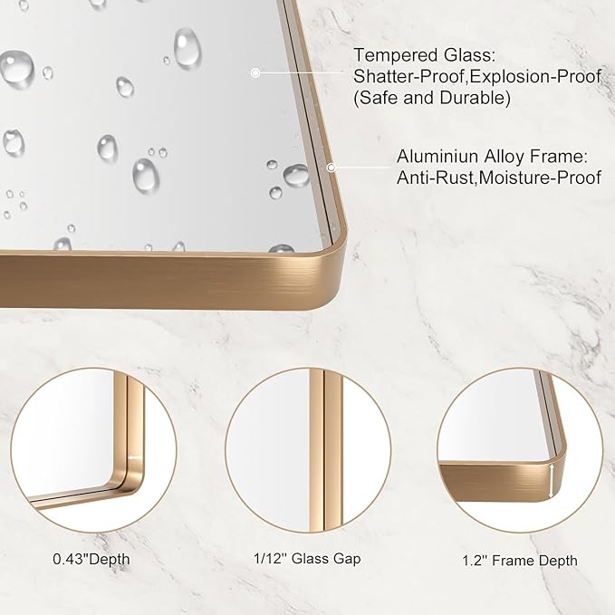 LOAAO 60”X28” Gold Bathroom Mirror, Rounded Rectangle Gold Frame Mirror, Brushed Gold Bathroom Vanity Mirror Wall-Mounted, Anti-Rust, Tempered Glass, Hangs Horizontally or Vertically