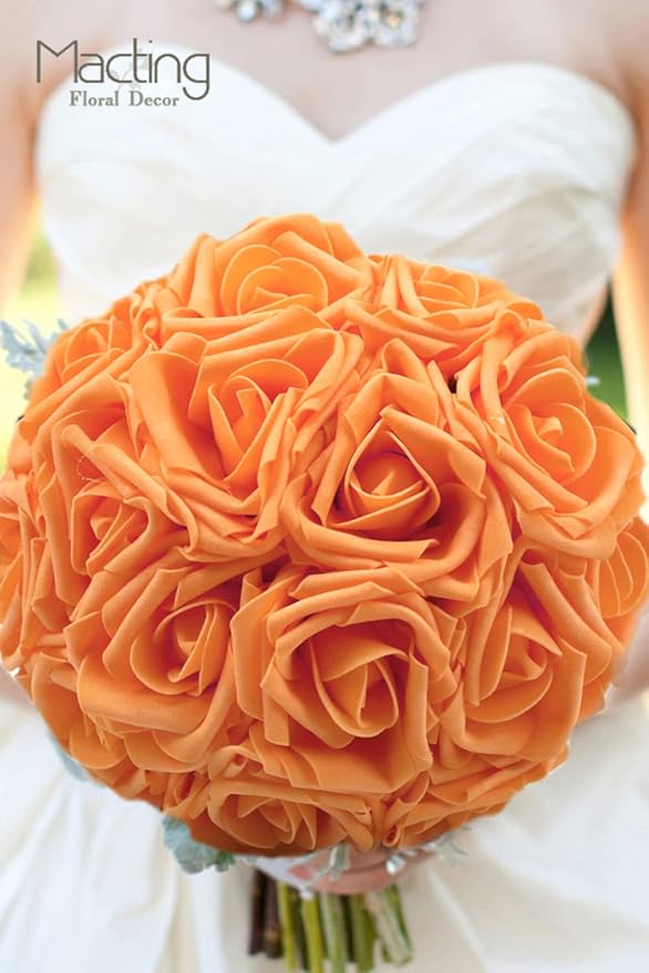 MACTING 60PCS Artificial Flower Roses Real Touch Fake Flowers with Stem Orange Foam Rose for DIY Wedding Bouquet Table Centerpieces Crafts Party Holiday Home Decorations