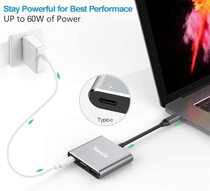 Tuwejia USB C to HDMI Multiport Adapter USB 3.1 Gen 1 Thunderbolt 3 to HDMI 4K Video Converter/USB 3.0 Hub Port PD Quick Charging Port with Large Projection