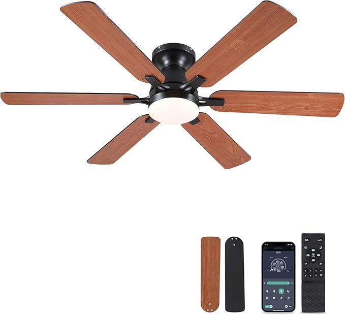 Ceiling Fans with Lights- 52" Low Profile Indoor Ceiling Fan with Light and Remote/APP Control, Flush Mount, 6 Blade, LED Dimmable DC Reversible Modern Ceiling Fan for Bedroom（Brown）