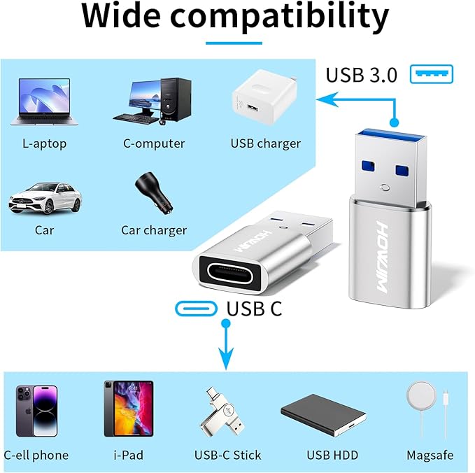 USB to USB C Adapter 4Pack,HOWJIM Type-C Female to USB3.0 Male Adapter OTG Function,Fast Charging 5Gbps Data Transfer for M-acBook Pad Phone 17/16/15 G-alaxy X-peria A-ppleWatch A-irpods P-ixel Silver