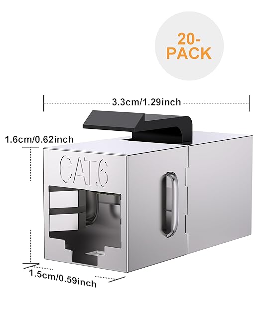 20 Pack Cat 6 Shielded Keystone Coupler, Cat6 Keystone Jacks Female to Female RJ45 Coupler, Ethernet Wall Plate Inline Keystone Coupler for Cat6, Cat5e, Cat5 Cabling Silver