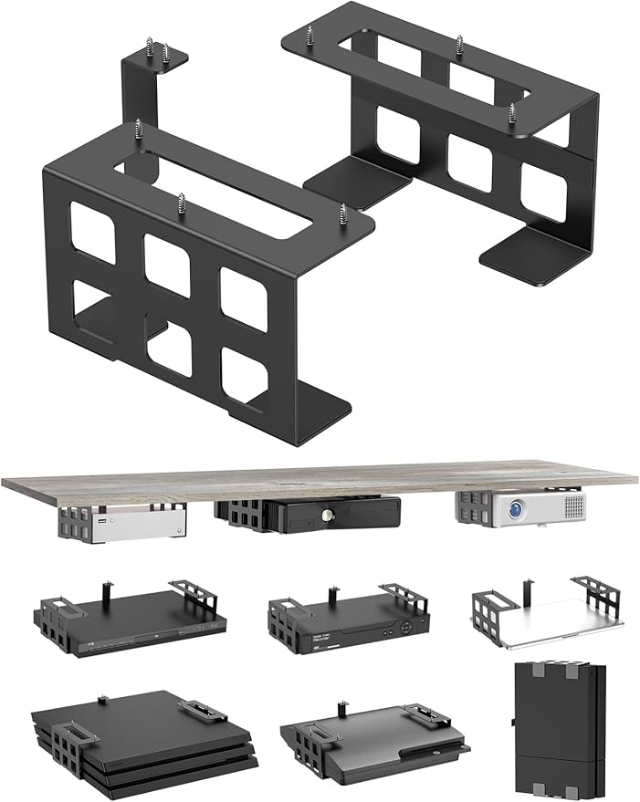 Universal Under Desk Mount Holder for Game Console, Media Players, Audio Interface, Mini Pc, UPS System, Projector Ceiling Mount Fit for Any Other 0.6" to 3.5" Thick Devices (Black)