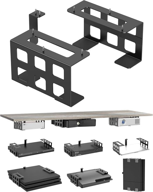 Universal Under Desk Mount Holder for Game Console, Media Players, Audio Interface, Mini Pc, UPS System, Projector Ceiling Mount Fit for Any Other 0.6" to 3.5" Thick Devices (Black)