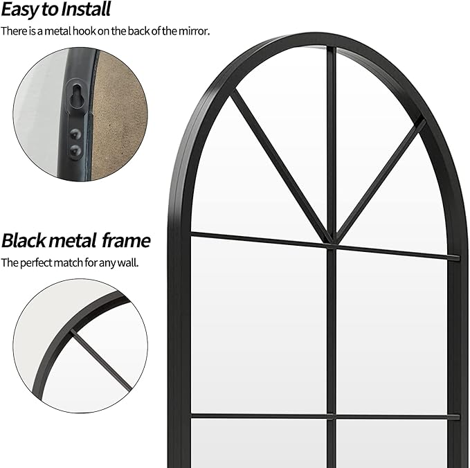 ironsmithn Arched Mirror, Windowpane Mirror, 31.5"x19.7" Window Finished Metal Mirrors, Black Grid Mirrors for Decor Living Room Fireplace Entryway Bedroom Hallway