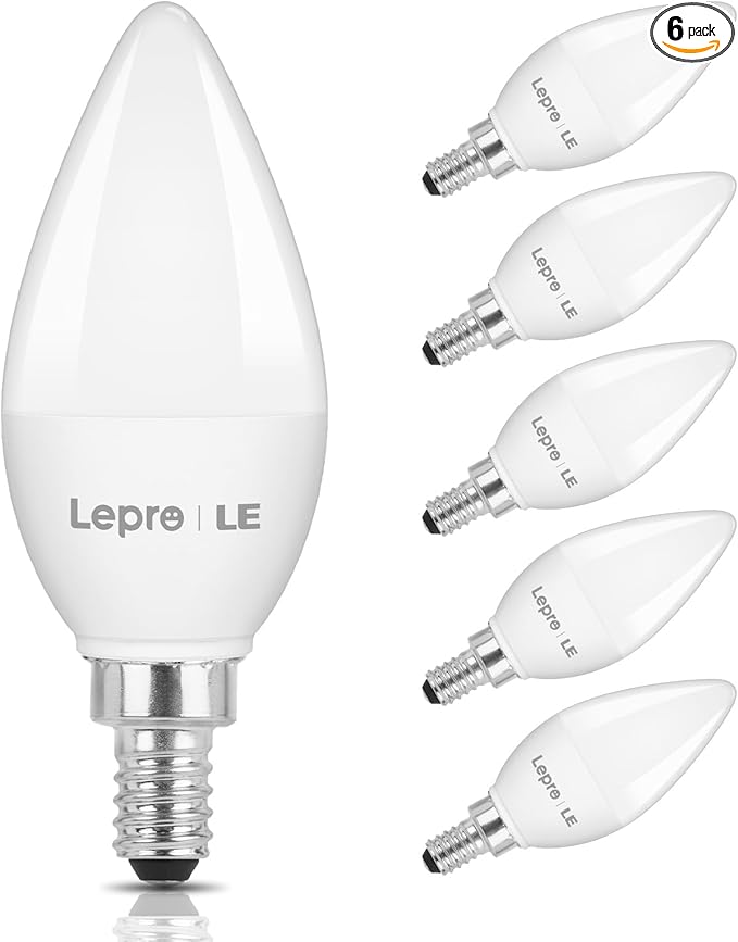 Lepro E12 LED Candelabra Light Bulbs, 5000 Kelvin Daylight White 5.5 watt, 40 watt Equivalent B11 C37 Ceiling Fan Bulb Chandelier Bulbs, Type B Small Base Candle Lights, Plastic, Not-dimmable, 6-Pack