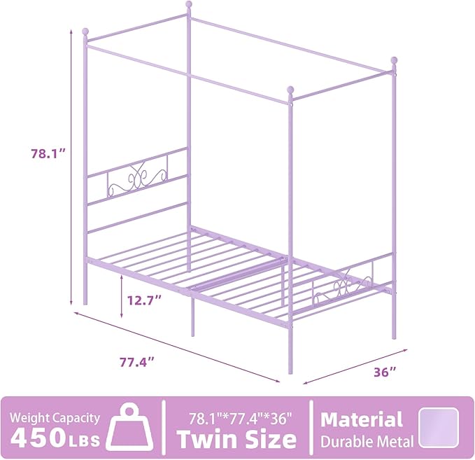 Weehom Twin Canopy Bed Frame with Headboard and Footboard, 4 Posters Metal Bed Frame, No Box Spring Needed, Mattress Foundation Platform Bed for Kids and Adults, Purple