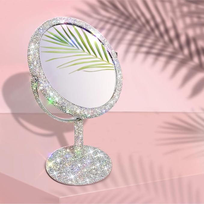 TISHAA Bling Makeup Vanity Mirror - Luxury Stand Double Sided Mirror Crystal Rhinestone Portable Desk Bathroom Bedroom (2X Magnification)