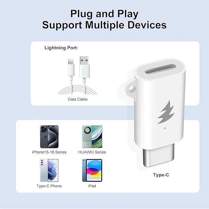 Lightning to USB-C Adapter (2-Pack), USB C Male to Lightning Female, PD60W Charging & Data Transfer - White