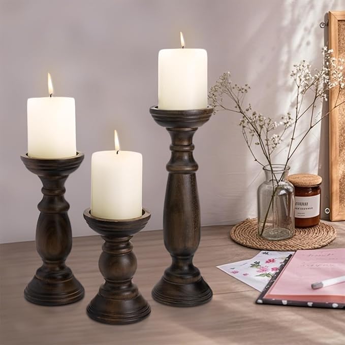 Rustic Wooden Pillar Candle Holders Set of 3, 12'' 9'' 6'' Farmhouse Wood Candle Stand for Table Centerpieces, Vintage Tall Candleholders Fireplace Mantel Decor for Living Room, Dark Brown