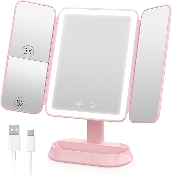 Rechargeable Trifold Makeup Mirror with Lights, 1X/3X/5X Magnification, Cordless 3-Color LED Vanity Mirror for Travel & Desk, Up to 20H Use, Ideal Gift for Women & Teens - Pink