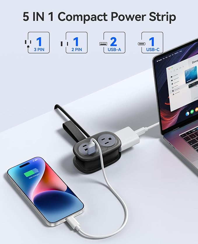 ORICO Pocket Power Strip for Travel, 5 in 1 Extension Cord with 2 AC Outlets 2 USB-A and 1 USB-C Ports, 3.7 ft Flat Plug Wrapped Around Power Strip for Cruise Office, Hotel, Home- AP3 (Black)