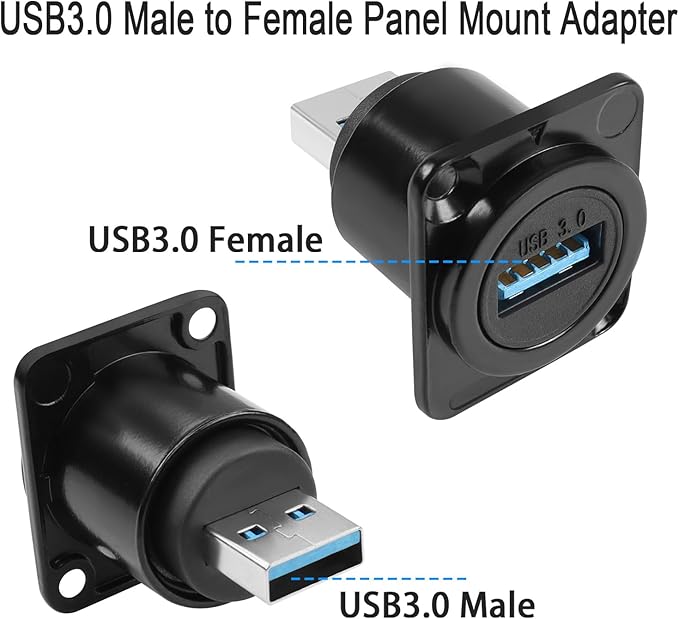 QIANRENON USB 3.0 Male to Female Panel Mount Adapter 5Gbps USB Plug to Socket Connector D/XLR Panel Mount for Data Transfer, Charging