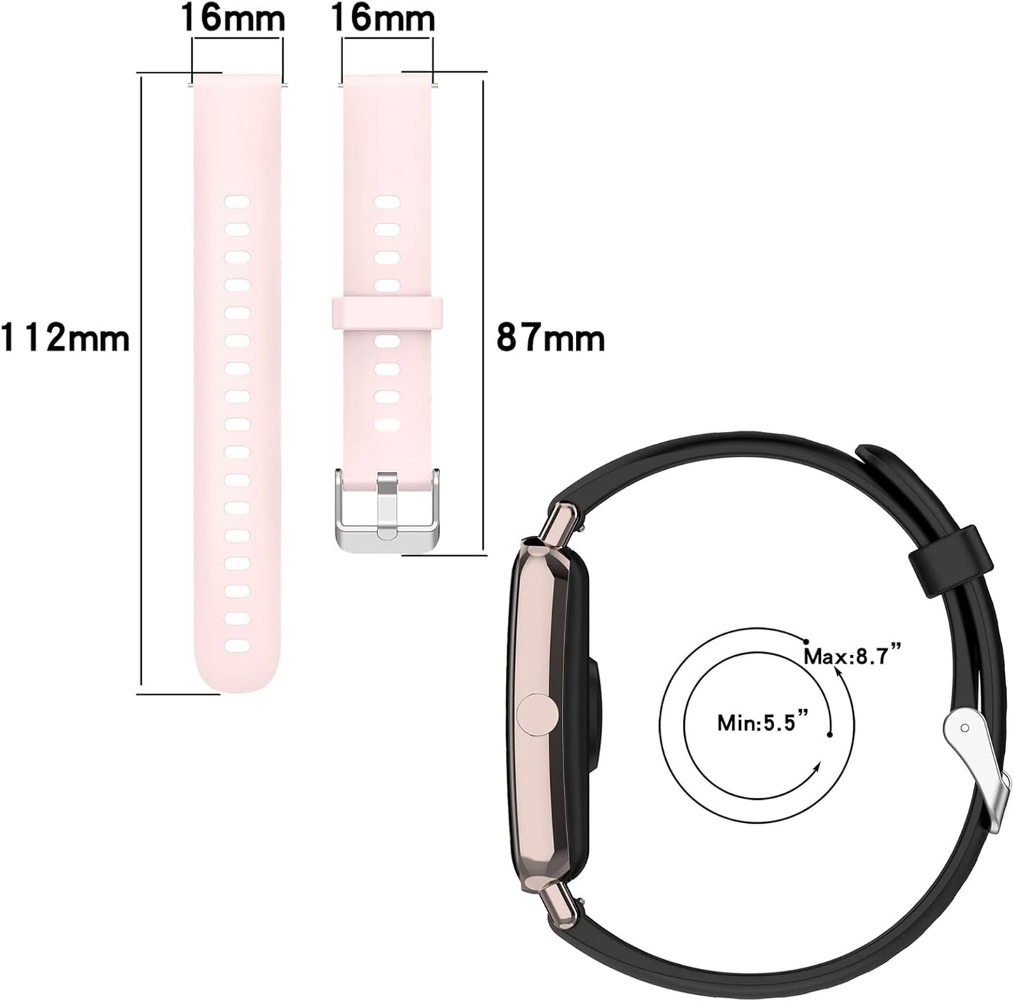 FitTurn 16mm Watch Bands for BOCLOUD ZX19 Smart Watch, Soft Silicone Replacement Wrist Strap