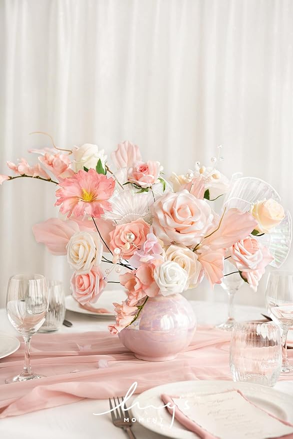 Ling's Moment Artificial Flowers Fake Roses Faux Foam Gardenia Combo for DIY Wedding Bouquets Centerpieces Arrangements Bridal Shower Party Home Decorations, Blush & White, 24pcs