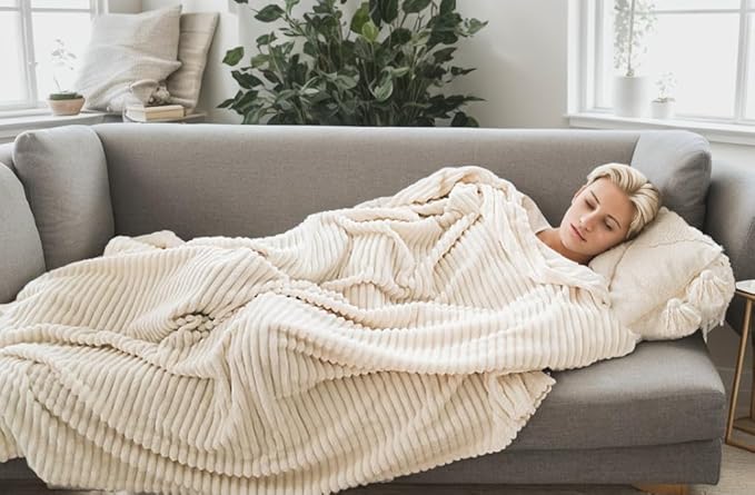 Richave Cuddly Blanket Twin Size,Premium Lightweight Anti-Static Fluffy Fleece Blanket with Striped Pattern for Twin/Twin XL Extra Long Bed, 66x90 Inches,Cream