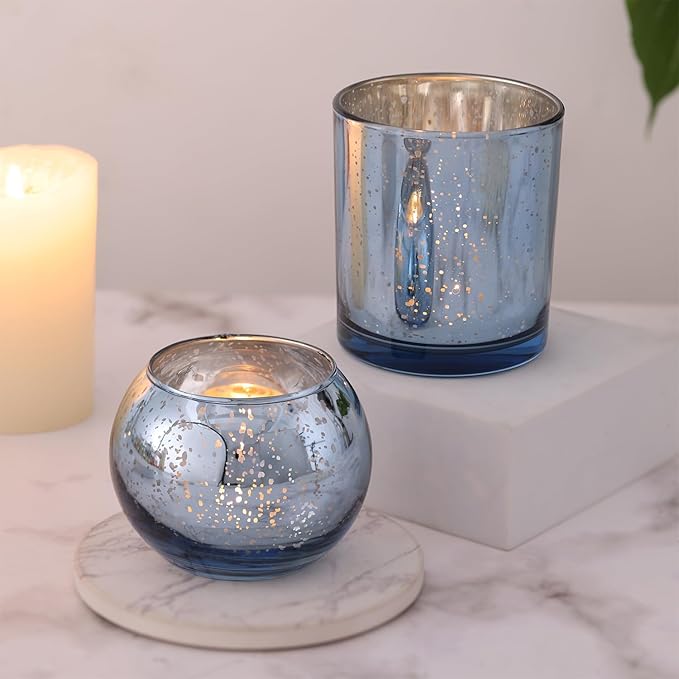 10 Pcs Assorted Blue Votive Candle Holders, Larger Size Mercury Glass Candle Holder, Blue Tea Light Candle Holders for Wedding Decorations, Centerpieces for Tables, Baby Shower
