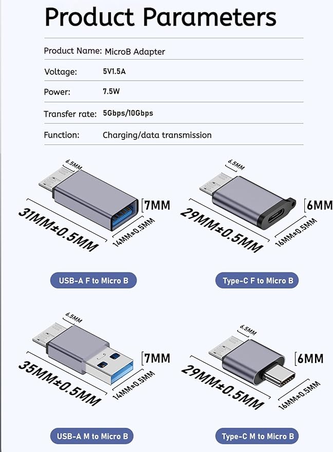 Micro USB B to USB A/C Male Adapter,USB 3.0 Micro B to USB A/C Female Adapter Cable Converter Connector (Grey)
