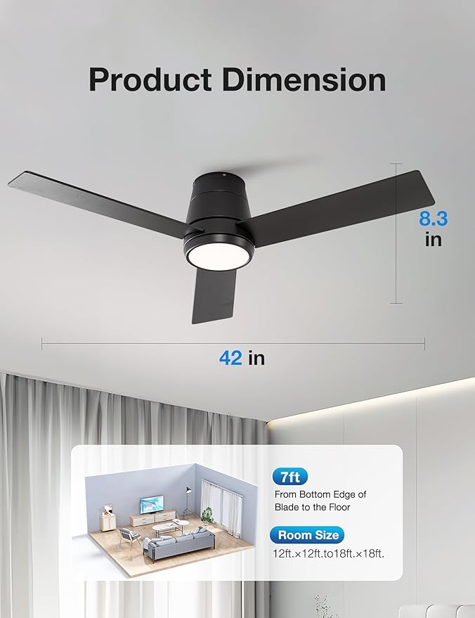 warmiplanet Ceiling Fans with Lights, 42 Inch Low Profile Ceiling Fan with Light and Remote/APP Control(2 Pack),Black,3 Blades