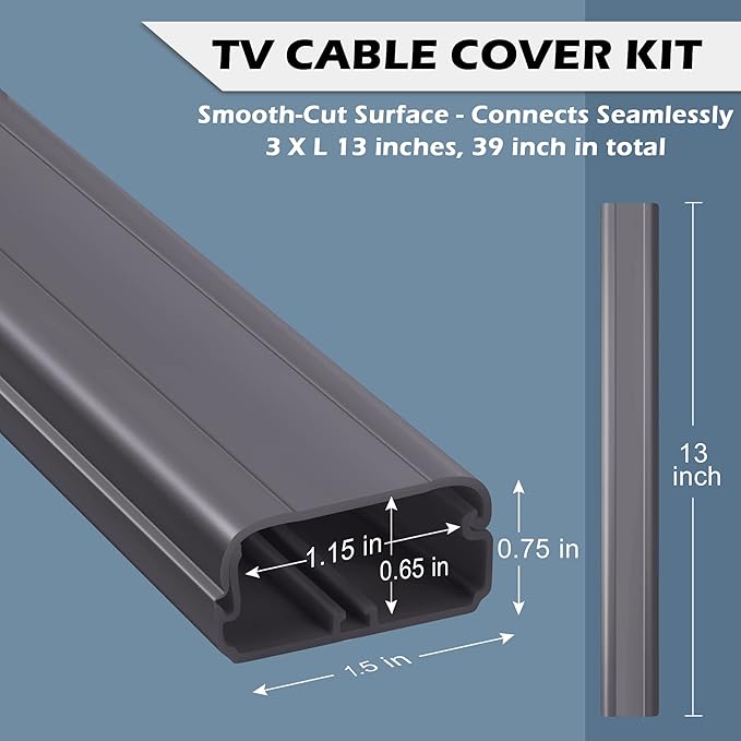 TV Cord Hider - 39in(3xL13in) Cord Covers for Wall Mounted TV Cable Hider Wall Kit | Wire Hiders for TV on Wall, Wire Covers for Cords, Cord Concealer Hide Cords, 1.5" W*0.75" H, Grey