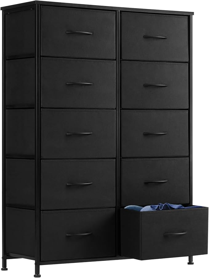 DUMOS Dresser for Bedroom, 10 Storage Drawers, Wide Fabric Closet Chests Organizer Tower Furniture with Wooden Top Metal Frame for Clothes, Guest Room, Living Room, Hallway, Entryway