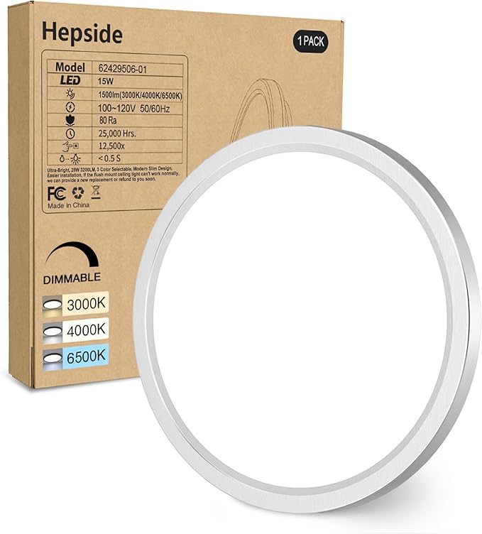 hepside 1Pack Dimmable Flush Mount Ceiling Light Fixture Brushed Nickel, 3CCT Selectable 3000/4000/6500K Ceiling Lamp, 7.5INCH 15W 1500LM Low Profile Light for Bedroom, Kitchen, Bathroom, Hallway