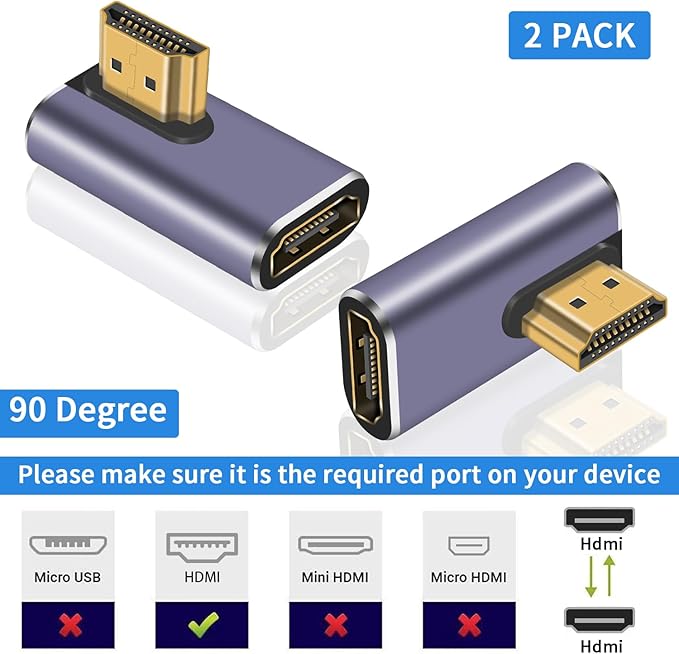 Poyiccot 8K HDMI 90 Degree Adapter, Left Angle HDMI Male to Female Extension Adapter Support 48Gbps Bandwith, 8K@60hz Resolution for 3D HDR, Laptop,DVD,TV, Monitors,PS5 (2-Pack)